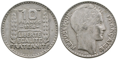 Франция 10 франков 1931 Пьер Тюрен KM 878, Le Franc 360.4 серебро 4683-914