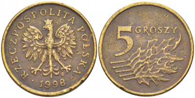 Польша 5 грошей 1998 MW KM 278, Parchimowicz 703e латунь 112-1165