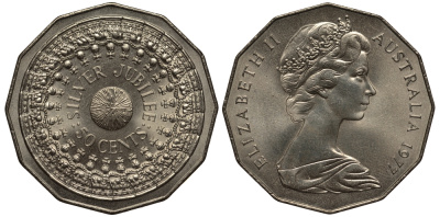 АВСТРАЛИЯ 50 ЦЕНТОВ 1977 СЕРЕБРЯННЫЙ ЮБИЛЕЙ КОРОЛЕВЫ, ЕЛИЗАВЕТА II, МОЛОДОЙ ПОРТРЕТ KM 70 медно-никель UNC 1522-515
