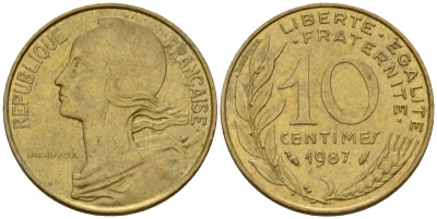 Франция 10 сантимов 1987 тип Marianne KM 929 алюминиевая бронза 4391-1012
