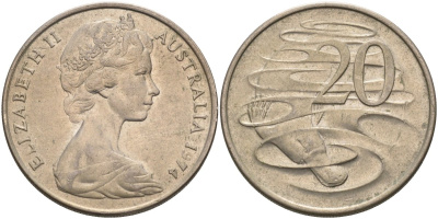 Австралия 20 центов 1974 Елизавета II (1952-2022), утконос KM 66 медно-никель 4131-912