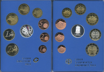 Словакия евронабор из 8 монет + жетон 2011 Чемпионат мира по хоккею с шайбой, в пластике, и оригинальном картонном буклете PROOF 1-4-2-18