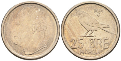 Норвегия 25 эре 1969 Улаф V (1958-1991), синица KM 407 медно-никель 4580-1038