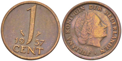 Нидерланды 1 цент 1957 Юлиана (1949-1980) KM 180 бронза 3955-118