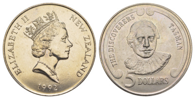 Новая Зеландия 5 долларов 1992 Первооткрыватели - Абел Тасман KM 84 медно-никель BU 5010-1321