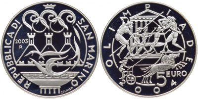 Сан-Марино 5 евро 2003 R,  Летние Олимпийские игры 2004 в Афинах KM 453 серебро PROOF 1087-6-43