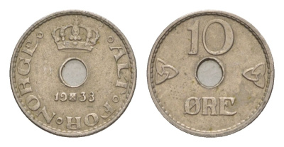 Норвегия 10 эре 1938 Хокон VII (1905-1957) KM 383 медно-никель 4632-1125