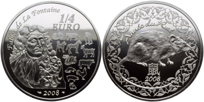 Франция 1/4 евро 2008 басни Лафонтена, год крысы KM 1572 серебро BUNC 1068-10-63