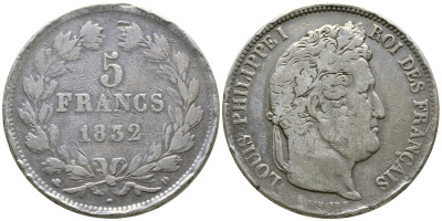 Франция 5 франков 1832 D, Луи Филипп I (1830-1848) KM 749.4 серебро 1066-6-15