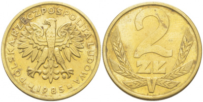 ПОЛЬША 2 ЗЛОТЫХ 1985 MW KM 80.1 латунь 4519-943
