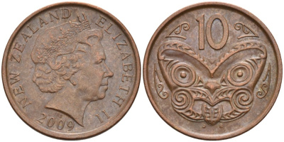 Новая Зеландия 10 центов 2009 маска Маори, Елизавета II (1952-) KM 117а сталь плакированная медью 4179-752