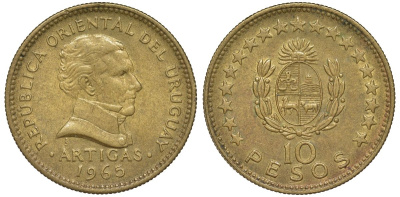 Уругвай 10 песо 1965 KM 48 алюминиевая бронза 4574-236