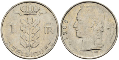 БЕЛЬГИЯ 1 ФРАНК 1980 BELGIQUE KM 142.1 медно-никель 4546-524