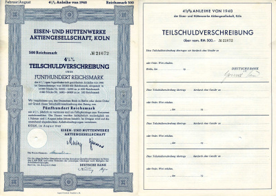 Германия 500 рейхсмарок 1940 АО металлургических и металлургических заводов, Кельн, 4-1/2% частичное обязательство, облигация   бумага  8801-93-1