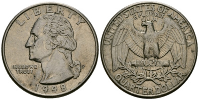 США 25 центов = квотер 1998 P, Вашингтон KM A164a медь плакированный медно-никелем 4138-1024