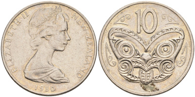 Новая Зеландия 10 центов 1980 Елизавета II (1952-2022), маска маори KM 41.1 медно-никель 4126-1227