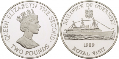 Гернси 2 фунта 1989 королевский визит, королевская яхта Британия KM 52a серебро PROOF 11-176-25