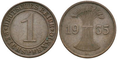 Германия 1 рейхспфенниг 1935 A KM 37, J. 313 бронза 4528-624