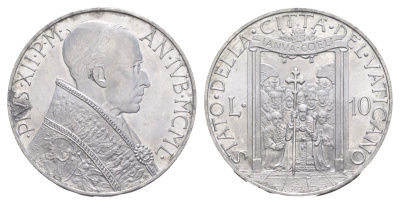 Ватикан 10 лир 1950 Пий XII (1939-1958) KM 47 алюминий UNC 633-314