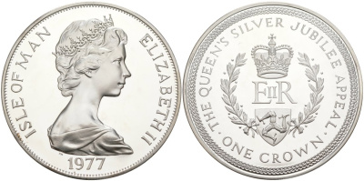Остров Мэн 1 крона 1977 Серебрянный Юбилей Елизаветы II, в оригинальной коробке, с сертификатом KM 42а серебро PROOF 3-4-4-25