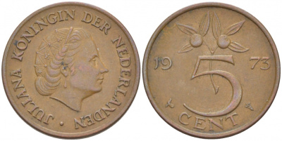 НИДЕРЛАНДЫ 5 ЦЕНТОВ 1973 ЮЛИАНА KM 181 бронза 214-826