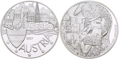 АВСТРИЯ 25 ЕВРО 1997 ГУСТАВ КЛИМТ, DER KUSS, ПОЦЕЛУЙ серебро PROOF 04-136-12