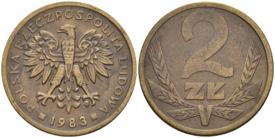 Польша 2 злотых 1983 MW, Народная Республика KM 80.1, Parchimowicz 217j латунь 4580-747