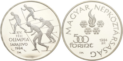Венгрия 500 форинтов 1984 XIV зимние Олимпийские игры в Сараево, лыжники KM 641 серебро 1066-9-13