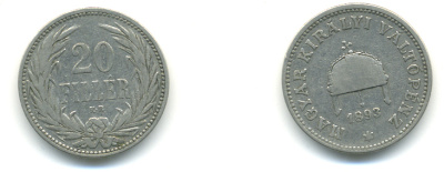 Венгрия 20 филлеров 1893 KB, Франц Иосиф I (1848-1916) KM 483 никель 93-412