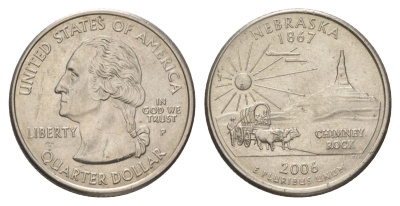 США 25 центов (квотер, 1/4 доллара) 2006 P, Квотер штата Небраска KM 383 медь плакированный медно-никелем UNC 4629-127