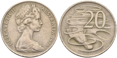 Австралия 20 центов 1970 Елизавета II (1952-2022), утконос KM 66 медно-никель 4131-846