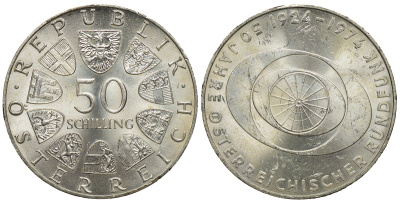 Австрия 50 шиллингов 1974 50 лет Австрийскому телевидению KM 2922 серебро 413-4413