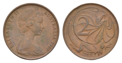 Австралия 2 цента 1967 Елизавета II (1952-2022), плащеносная ящерица KM 63 бронза 4655-1232