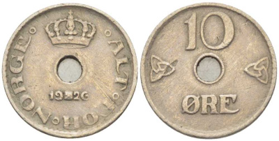 НОРВЕГИЯ 10 ЭРЕ 1926 ХОКОН VII (1905-1957) KM 383 медно-никель 116-1062