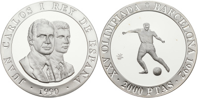 Испания 2000 песет 1990 XXV летние Олимпийские игры 1992 года в Барселоне, футбол KM 862 серебро PROOF 1091-9-23