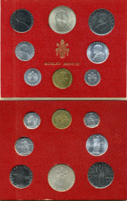 Ватикан набор из 8 монет 1965 1, 2, 5, 10, 20, 50, 100, 500 лир, в оригинальном буклете KM MS69 серебро UNC 8-1-01-01