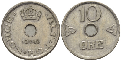 НОРВЕГИЯ 10 ЭРЕ 1949 ХОКОН VII (1905-1957) KM 383 медно-никель 100-121