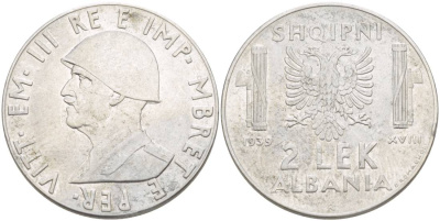 Албания 2 лека 1939 R, год XVIII, Итальянская оккупация, вторая мировая KM 32 нержавеющая сталь 4179-245