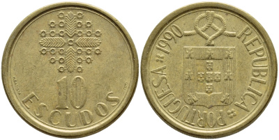ПОРТУГАЛИЯ 10 ЭСКУДО 1990 KM 633 никель латунь 4395-1012