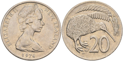 Новая Зеландия 20 центов 1976 Елизавета II (1952-2022), птичка киви KM 36.1 медно-никель 4131-1132