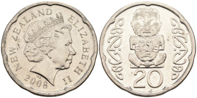 Новая Зеландия 20 центов 2008 Елизавета II (1952-2022), идол Пукаки KM 118а никелированная сталь 4579-1227