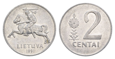 Литва 2 цента 1991 KM 86 алюминий 4632-568