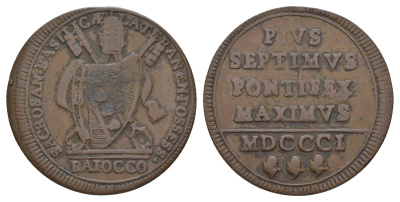Папская область 1 байокко 1801 Пий VII (1800-1823) KM 1263 медь 5010-1532