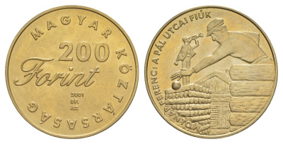 Венгрия 200 форинтов 2001 Детская литература - Мальчик с улицы Пал KM 757 латунь BU 4599-1232