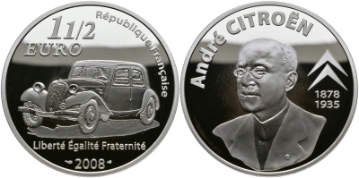 Франция 1 1/2 евро 2008 АНРИ СИТРОЕН, ОСНОВАТЕЛЬ АВТОКОНЦЕРНА, АВТОМОБИЛЬ KM 1555 серебро PROOF 00-00