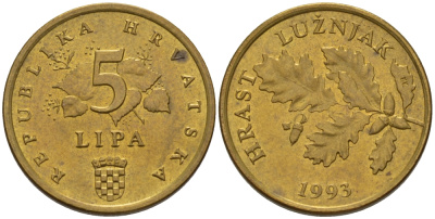 Хорватия 5 лип 1993 дуб, легенда на хорватском KM 5 сталь плакированная латунью 66-517