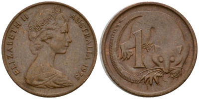 Австралия 1 цент 1975 Елизавета II (1953-), молодой портрет, опоссум KM 62 бронза 4602-222