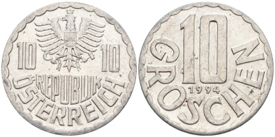 АВСТРИЯ 10 ГРОШЕЙ 1994 КМ 2878 алюминий 4573-243
