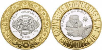 Сан-Марино 5 евро 2009 400 лет законам Кеплера, астрономия, евроколлекция Нидерландского монетного двора KM 506 серебро PROOF 00-00