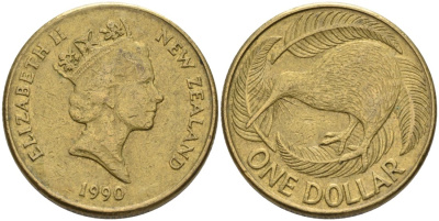 Новая Зеландия 1 доллар 1990 Елизавета II (1952-2022), птица киви KM 78 алюминиевая бронза 29-446